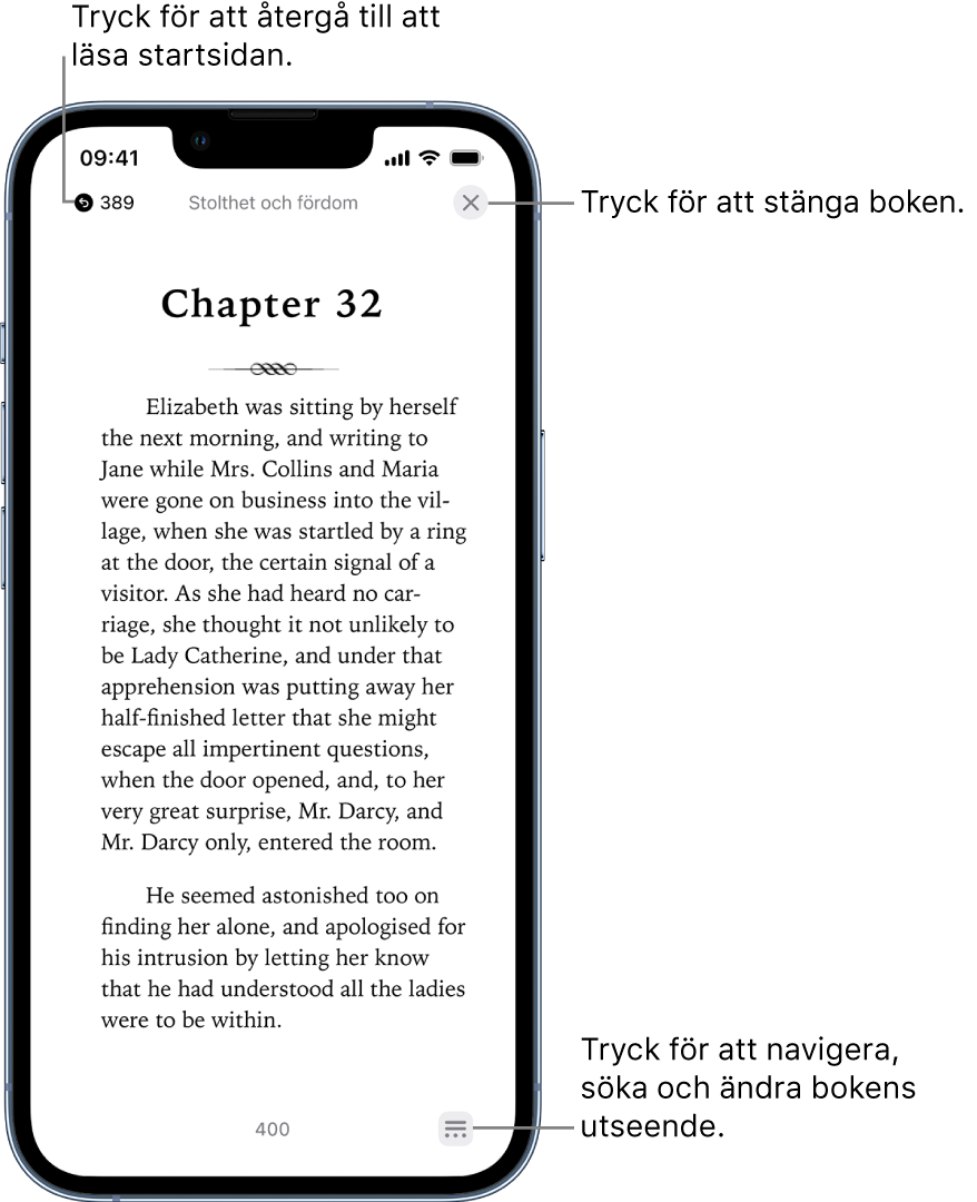 En sida i en bok i appen Böcker. Högst upp på skärmen finns knapparna för att återgå till den sida där du började läsa och för att stänga boken. Längst ned till höger på skärmen finns menyknappen.