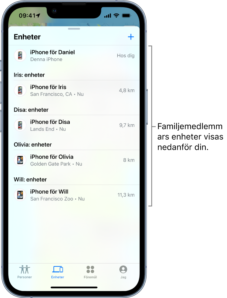 Fliken Enheter i Hitta. iPhone för Daniel visas överst i listan. Under det finns Iris, Disas, Olivias och Viktors enheter.