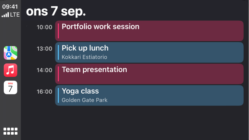 En kalenderskärm i CarPlay som visar fyra aktiviteter onsdagen den 7 september.