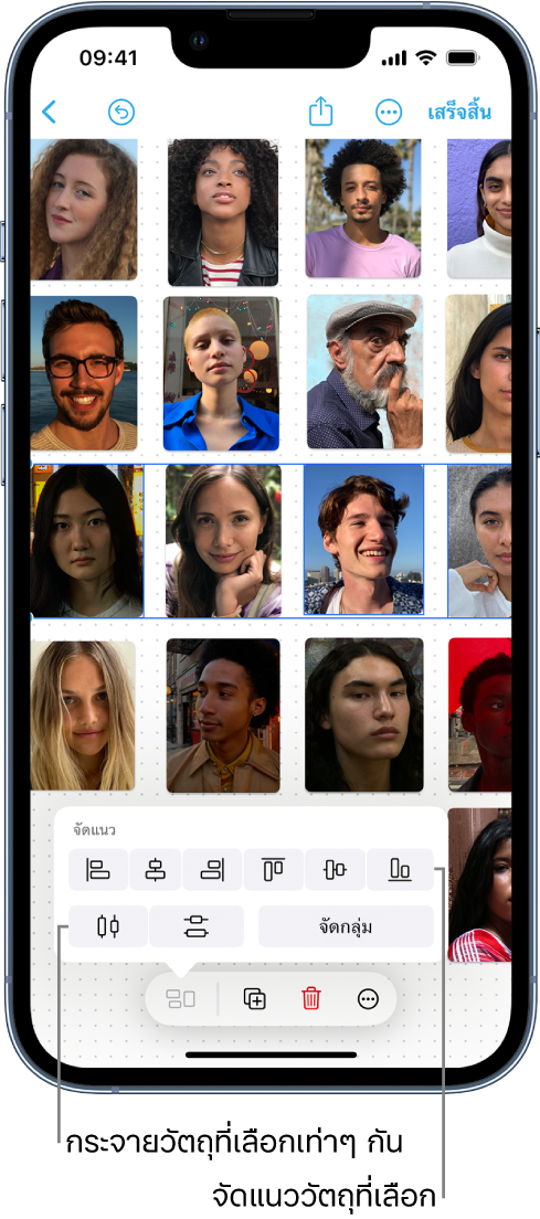 บอร์ด Freeform ที่เติมเต็มด้วยตารางของรูปภาพ รูปภาพแถวหนึ่งถูกเลือกอยู่ และมีเครื่องมือการจัดแนวและการจัดกลุ่มแสดงให้เห็น