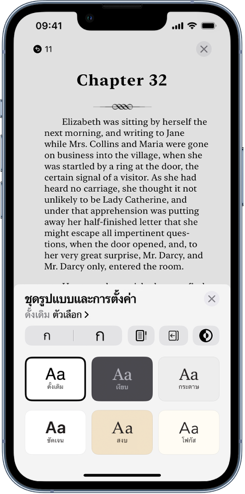 ตัวเลือกชุดรูปแบบและการตั้งค่าที่แสดงตัวควบคุมสำหรับขนาดแบบอักษร มุมมองการเลื่อน สไตล์การเปลี่ยนหน้า ความสว่าง และลักษณะแบบอักษร