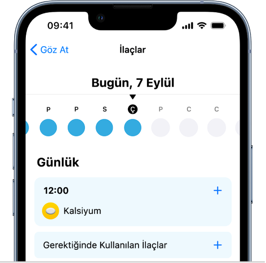 Sağlık’taki İlaçlar ekranı, ilaçlar için bir zaman çizelgesi ve günlük gösteriyor.