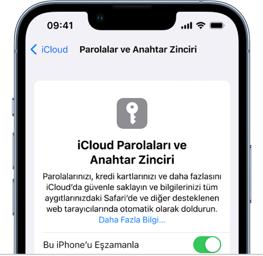 iCloud Parolaları ve Anahtar Zinciri ekranı, bu iPhone’u eşzamanlama ayarıyla görünüyor.