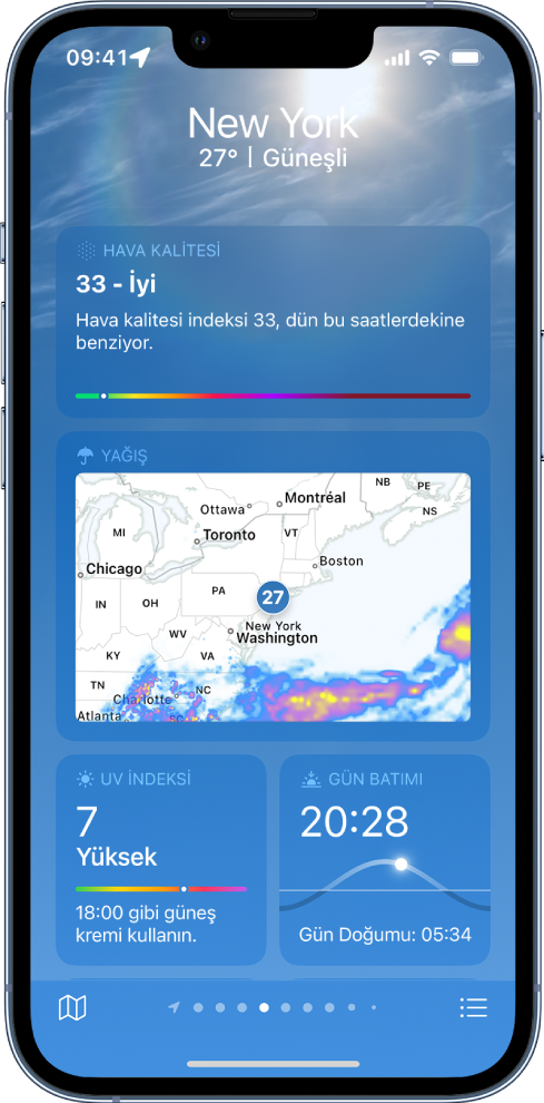 En üstte konumu, şu anki sıcaklığı ve hava durumu koşullarını gösteren Hava Durumu ekranı. Altında, şu öğelere ait hava durumu ayrıntıları var: hava kalitesi, yağış, UV indeksi ve gün batımı.