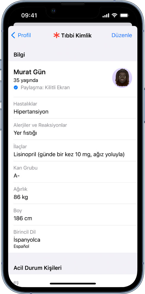Doğum tarihi, hastalıklar, ilaçlar ve acil durum kişisi de dahil olmak üzere bilgiler içeren bir Tıbbi Kimlik ekranı.