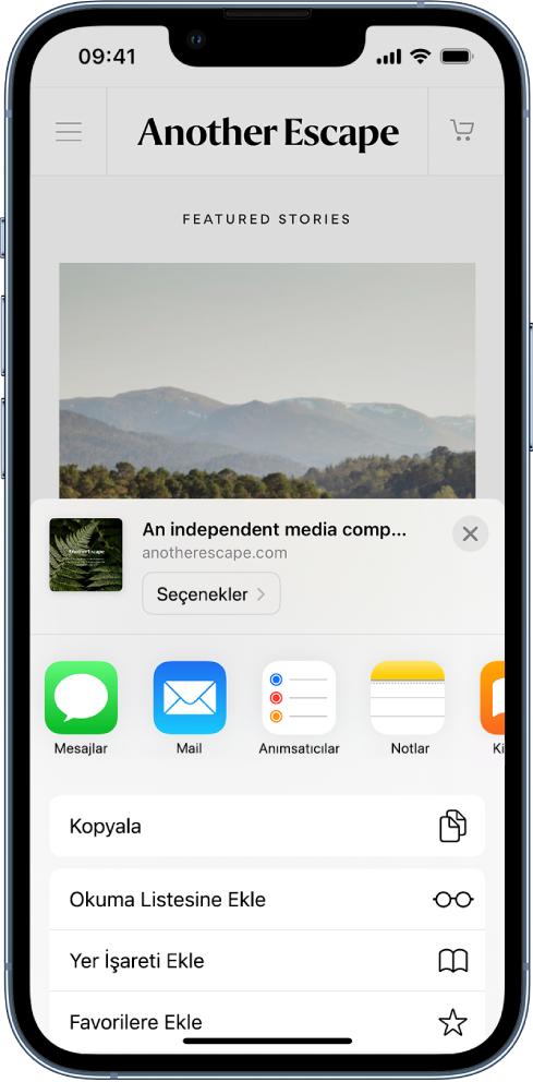 Safari’de web sayfasındaki Paylaş düğmesine dokunuluyor ve bağlantıyı paylaşmak için kullanılabilecek uygulamalar gösteriliyor. Uygulama simgelerinin alt tarafında Kopyala, Okuma Listesi’ne Ekle, Yer İşareti Ekle ve Favorilere Ekle de dahil olmak üzere diğer seçeneklerin listesi bulunuyor.