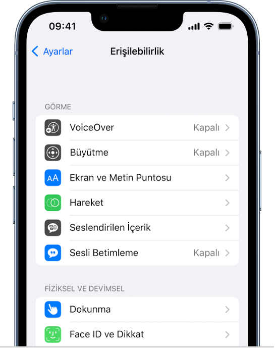Ayarlar’daki Erişilebilirlik ekranı yukarıdan aşağıya şu yerleşik özellikleri gösteriyor: VoiceOver, Büyütme, Ekran ve Metin Puntosu, Hareket, Seslendirilen İçerik, Erişilebilirlik Açıklamaları dahil olmak üzere Görme özellikleri ve Dokunma ve Face ID ve Dikkat dahil olmak üzere Fiziksel ve Devimsel özellikler.