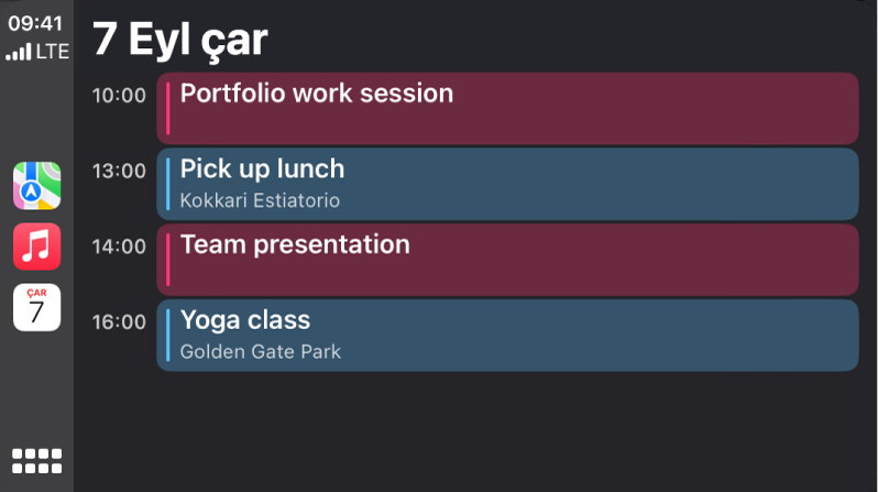 CarPlay’de 7 Eylül Çarşamba için dört etkinlik gösteren bir takvim ekranı.