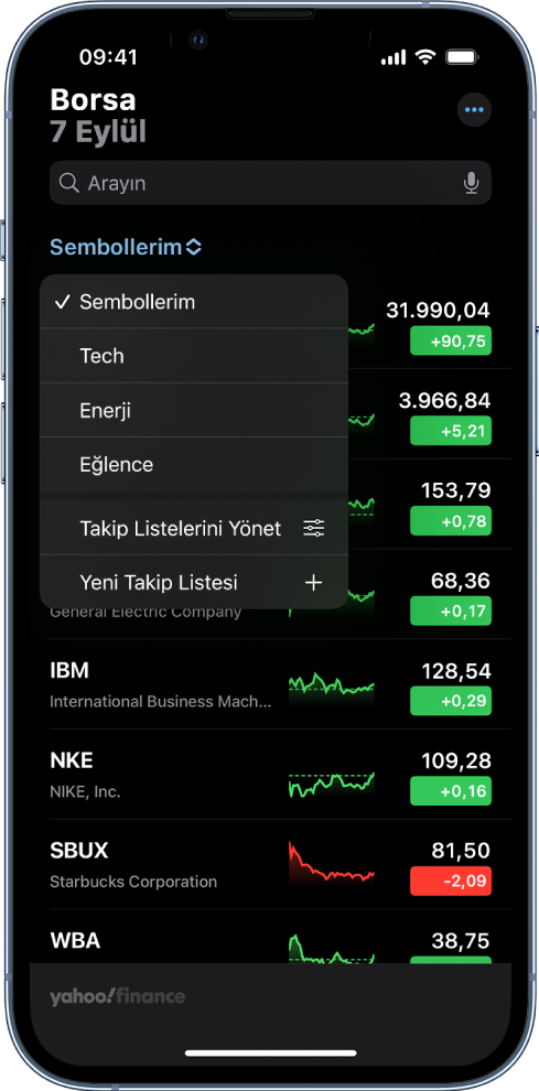 Farklı hisse senetleri listesinin gösterildiği takip listesi. Listedeki her hisse senedinde soldan sağa hisse senedi sembolü ve adı, performans çizelgesi, hisse senedi fiyatı ve fiyat değişimi gösterilir. Ekranın en üstünde, Sembollerim takip listesi seçili ve aşağıdaki takip listeleri ile seçenekler kullanılabiliyor: Teknoloji, Enerji, Eğlence, Takip Listelerini Yönet ve Yeni Takip Listesi.