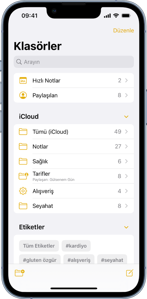 Notlar uygulamasında, en üstte arama alanıyla Klasörler listesi.
