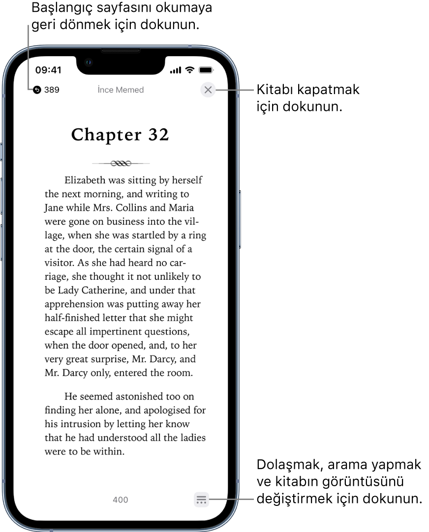 Kitaplar uygulamasındaki bir kitabın sayfası. Ekranın en üstünde, okumaya başladığınız sayfaya dönme ve kitabı kapatma düğmeleri var. Ekranın sağ alt tarafında Menü düğmesi var.