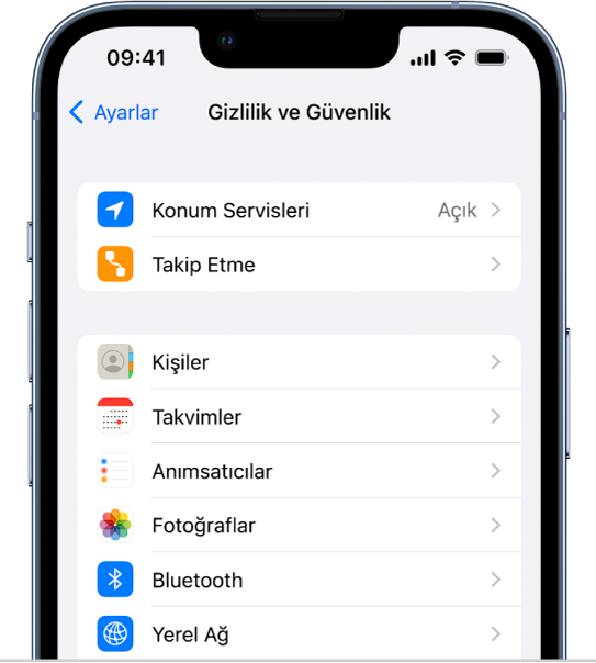 Ayarlar’daki Gizlilik ve Güvenlik ekranı.