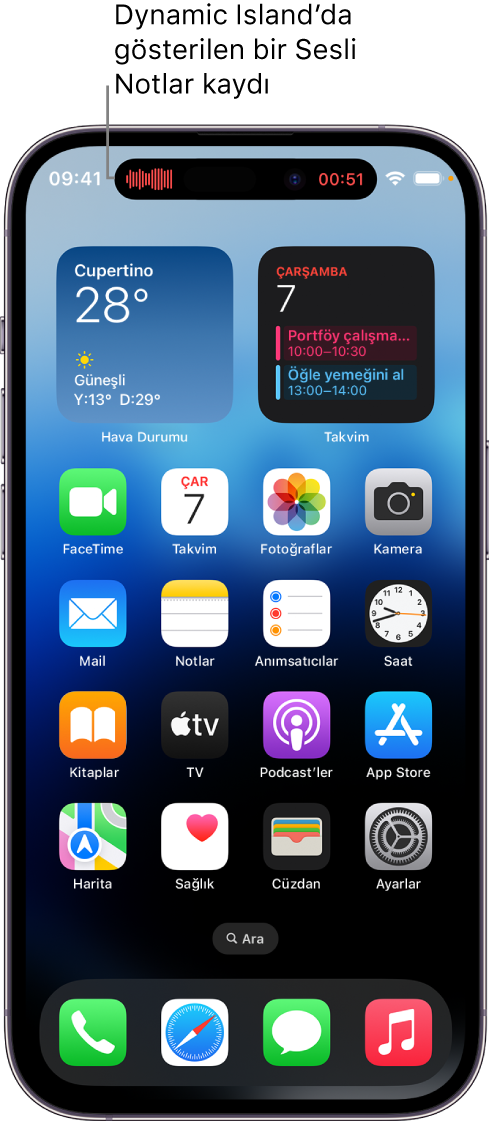 Dynamic Island’da bir Sesli Notlar kaydını gösteren iPhone 14 Pro ana ekranı.