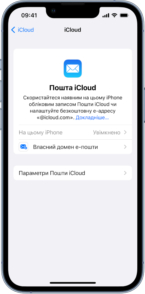 У верхній половині екрана Пошти iCloud ввімкнено параметр «Використовувати на цьому iPhone». Нижче показані інші опції параметра «Власний домен е‑пошти», а також параметри Пошти iCloud.