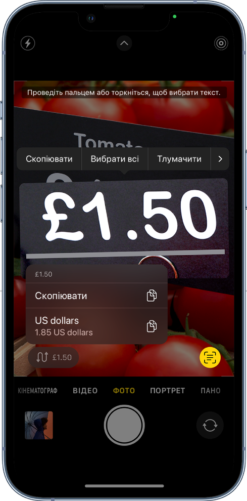 Екран Камери з кнопкою швидкої дії для перерахування валюти, що відображається в кадрі камери.