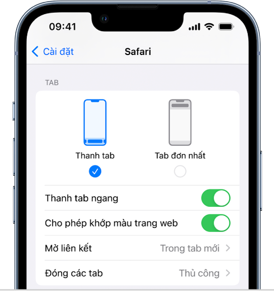 Một màn hình đang hiển thị hai tùy chọn bố cục Safari: Thanh tab và Tab đơn nhất.