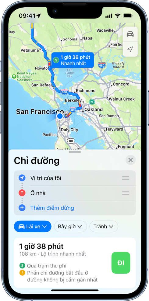 Một bản đồ lộ trình lái xe với nút Đi ở dưới cùng bên phải.