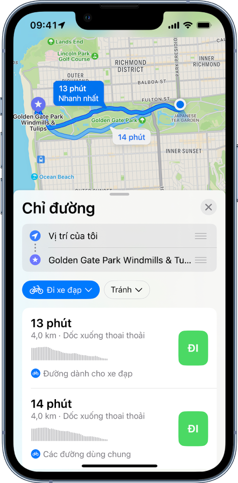Một bản đồ đang hiển thị hai lộ trình đi xe đạp. Thẻ lộ trình ở dưới cùng cung cấp các chi tiết cho các lộ trình, bao gồm thời gian di chuyển ước tính, thay đổi độ cao và loại đường. Một nút Đi xuất hiện bên cạnh từng mô tả lộ trình.