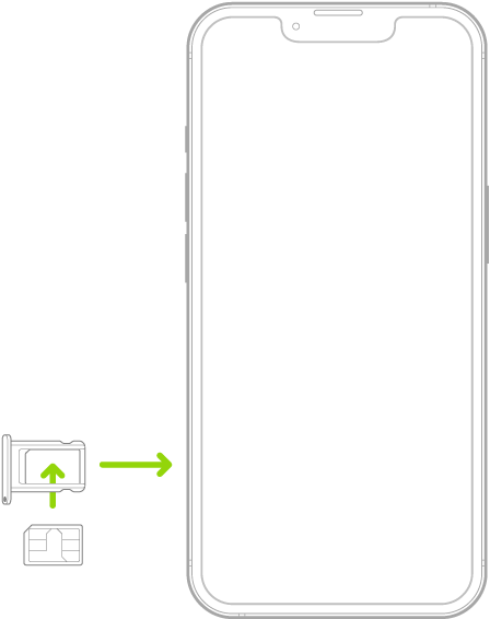Một SIM đang được lắp vào khay trên iPhone; góc được vát nằm ở phía trên bên trái.