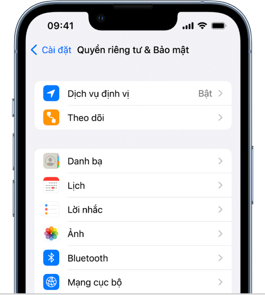 Màn hình Quyền riêng tư và Bảo mật trong Cài đặt.