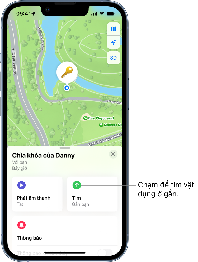 Ứng dụng Tìm mở ra, đang hiển thị chìa khóa của Danny trong Công viên Golden Gate. Chạm vào nút Tìm để định vị một vật dụng ở gần.
