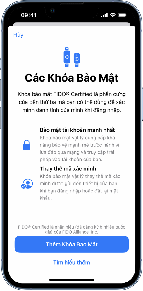 Màn hình chào mừng Khóa bảo mật. Ở gần dưới cùng là nút Thêm khóa bảo mật và liên kết Tìm hiểu thêm. Phía trên chúng là văn bản giải thích về các lợi ích của việc sử dụng khóa bảo mật.