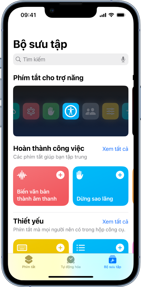 Màn hình Bộ sưu tập phím tắt, với một danh sách các phím tắt để hoàn thành các công việc hàng ngày phổ biến như Chuyển văn bản thành âm thanh và Dừng sao lãng. Ở dưới cùng là các tab Phím tắt, Tự động hóa và Bộ sưu tập.