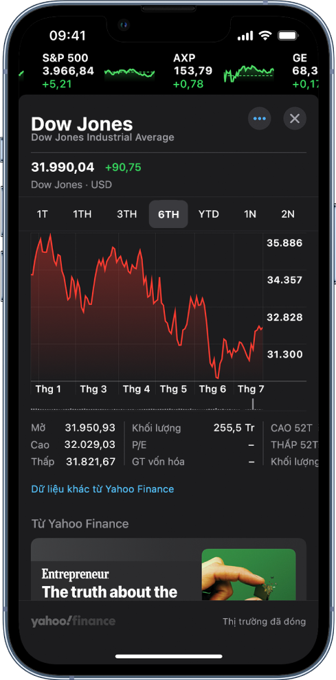 Ở giữa màn hình, một biểu đồ hiển thị diễn biến của một chứng khoán trong khoảng thời gian một ngày. Phía trên biểu đồ là các nút để hiển thị diễn biến của chứng khoán theo một ngày, một tuần, một tháng, ba tháng, sáu tháng, một năm, hai năm hoặc 5 năm. Bên dưới biểu đồ là các chi tiết chứng khoán như giá mở cửa, giá cao, giá thấp và giá trị vốn hóa. Ở cuối màn hình là một tin tức từ Apple News.