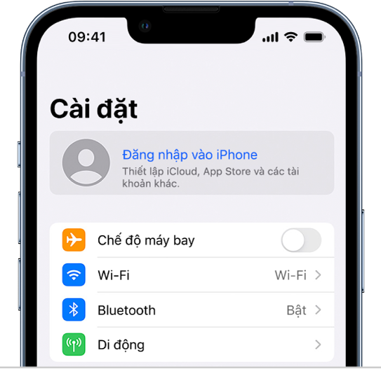 Màn hình Cài đặt, với Đăng nhập vào iPhone của bạn được chọn.