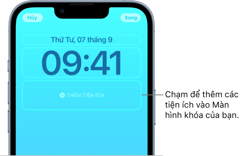 Một Màn hình khóa tùy chỉnh đang trong quá trình được tạo. Các thành phần khả dụng để tùy chỉnh được chọn – ngày, giờ và một nút để thêm các tiện ích.