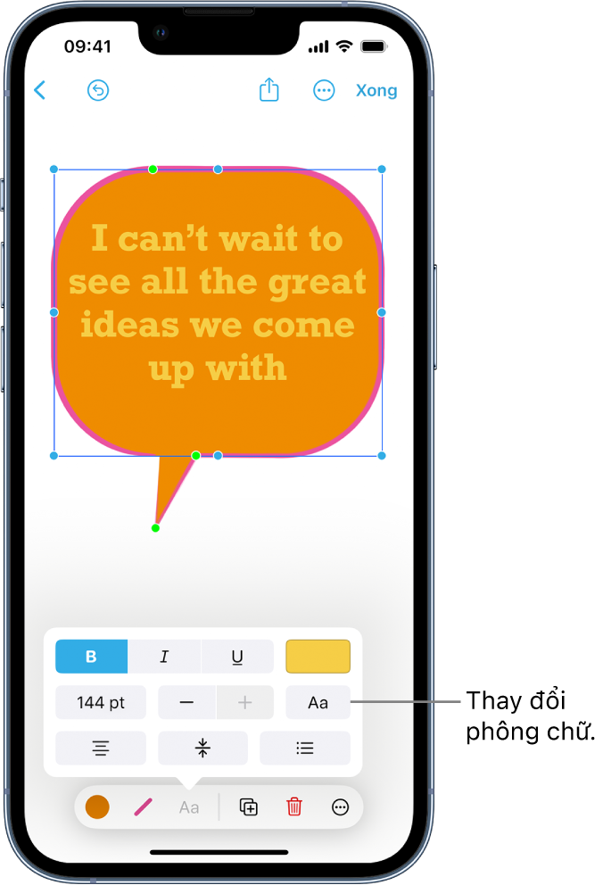 Một hình bong bóng lời thoại được chọn với các công cụ định dạng và các dấu chấm màu lục và màu lam được hiển thị. Một menu bật lên với các tùy chọn định dạng văn bản xuất hiện bên trên các công cụ định dạng.