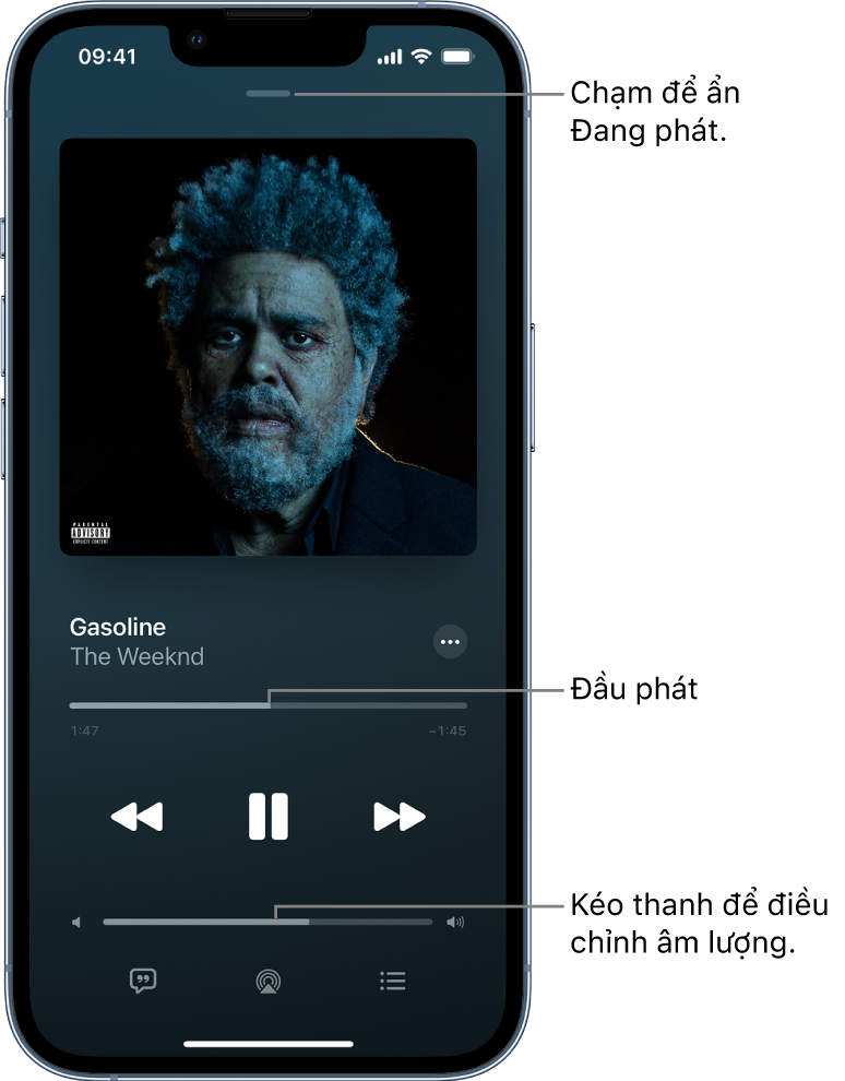 Màn hình Đang phát đang hiển thị bìa album. Bên dưới là tiêu đề bài hát, tên nghệ sĩ, nút Thêm, đầu phát, các điều khiển phát, thanh trượt âm lượng, nút Lời bài hát, nút Đích phát lại và nút Hàng đợi. Nút Ẩn Đang phát ở trên cùng.