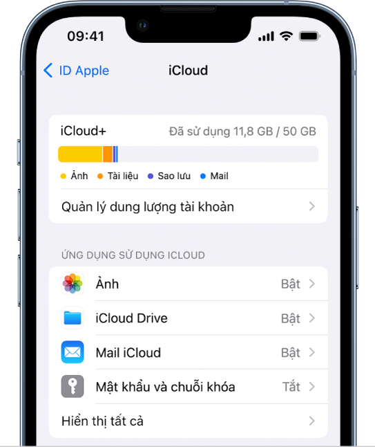 Màn hình cài đặt iCloud đang hiển thị công cụ đo dung lượng iCloud và một danh sách các ứng dụng và tính năng, bao gồm Ảnh, iCloud Drive và Mail iCloud có thể được sử dụng với iCloud.