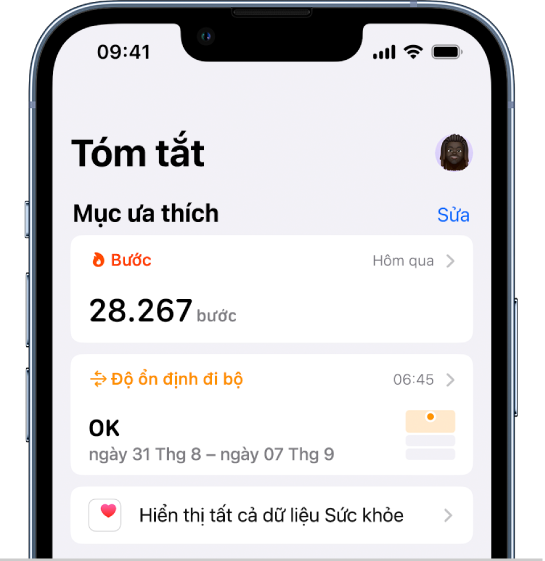 Màn hình Tóm tắt trong Sức khỏe. Thông tin về độ ổn định đi bộ xuất hiện bên dưới Mục ưa thích.