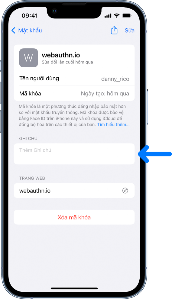 Một màn hình mã khóa trong Chuỗi khóa iCloud, với thông tin về mã khóa và một nơi để thêm và xem ghi chú.