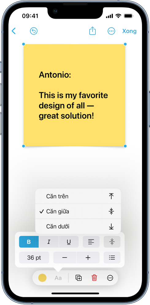 Một giấy ghi chú được chọn với các công cụ định dạng hiển thị, bao gồm các tùy chọn căn dọc.