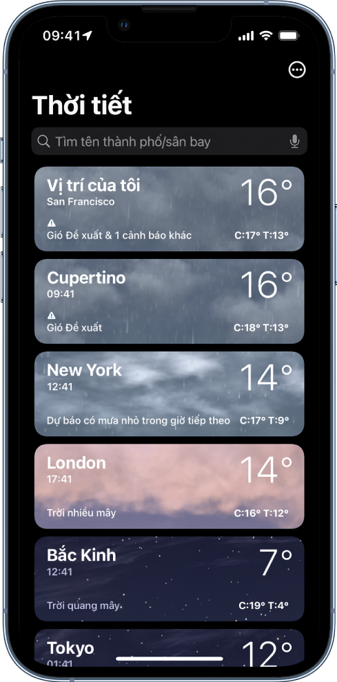 Một danh sách các thành phố đang hiển thị thời gian, nhiệt độ hiện tại, dự báo, cũng như nhiệt độ cao nhất và thấp nhất. Ở đầu màn hình là trường tìm kiếm và ở góc trên cùng bên trái là nút Thêm.