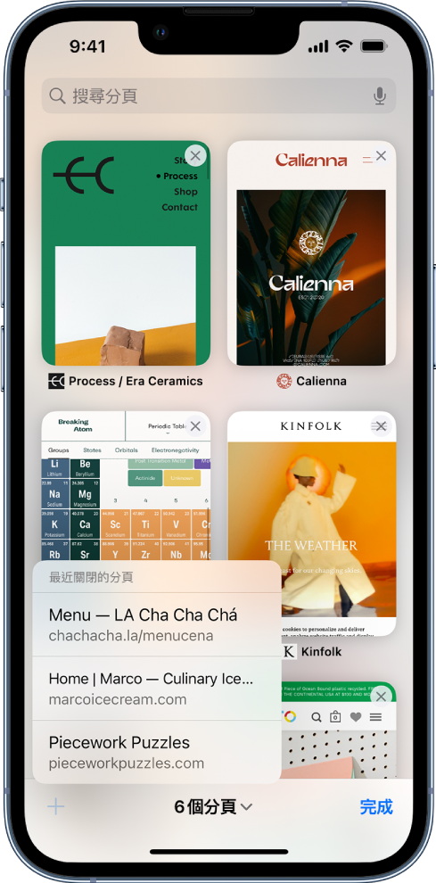 螢幕上顯示已開啟分頁的預覽。在螢幕底部，按下「新增分頁」按鈕，最近關閉的分頁就會顯示。