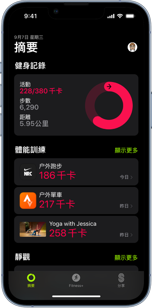 「健身」的「摘要」畫面，畫面上顯示「健身記錄」、「體能訓練」和「靜觀」區域。畫面底部顯示「摘要」、Apple Fitness+ 和「分享」分頁。