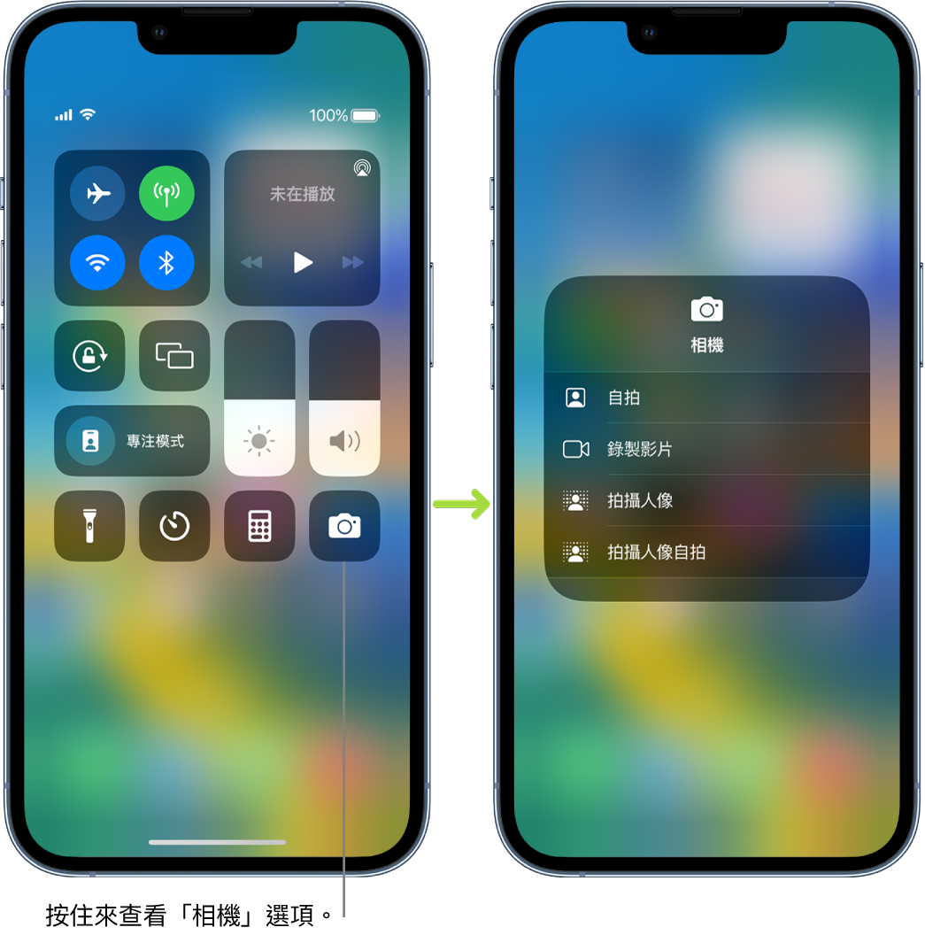 兩個並排的「控制中心」畫面，左邊畫面左上角群組顯示飛行模式、流動數據、Wi-Fi 和藍牙控制項目。「相機」圖像在右下角顯示。右邊的畫面在「相機」的快速動作選單中顯示更多選項：「自拍」、「錄製影片」、「拍攝人像」及「拍攝人像自拍」。