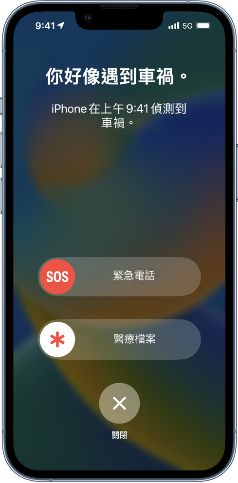 iPhone 畫面顯示已偵測到車禍，在其下方是「緊急電話」、「醫療檔案」和「關閉」按鈕。