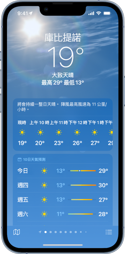 「天氣」畫面由上至下顯示以下項目:位置、現時氣溫、當日的最高和最低溫度、每小時天氣預測、10 日天氣預測。位於中央底部的一排圓點顯示位置列表中的位置數量。右下角為「位置列表」按鈕,左下角則為「顯示地圖」按鈕。