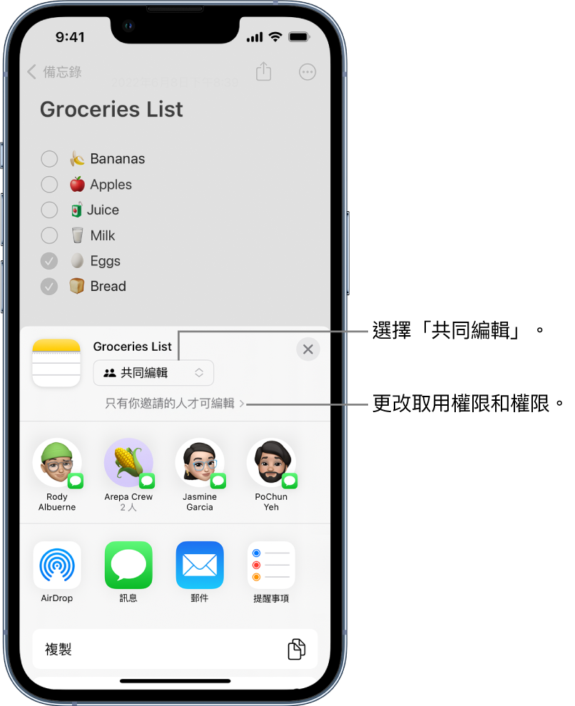 「備忘錄」中的購物清單和共同編輯邀請，其中顯示「共同編輯」為共享選項，以及「只有你邀請的人才可編輯」為取用和權限設定。其下方的橫列顯示四個可能使用的收件人，包括一個二人群組。底部的橫列提供共享備忘錄的不同方式：AirDrop、「訊息」、「郵件」和「提醒事項」。