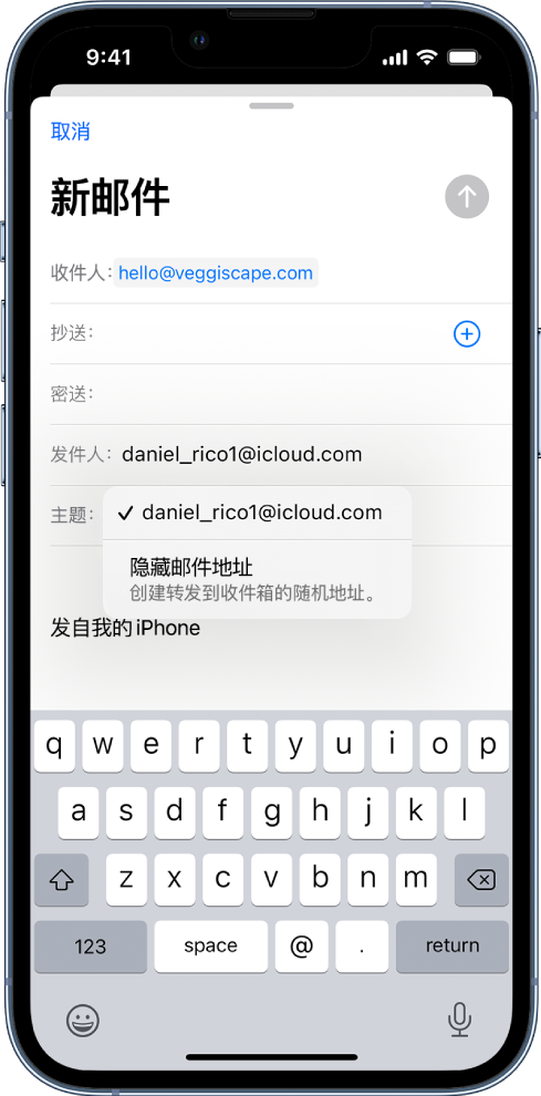 正在编写的电子邮件草稿。“发件人”栏被选中，其下方列出了两个选项：个人电子邮件地址和“隐藏邮件地址”。