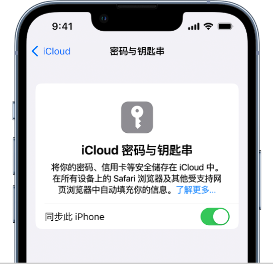 iCloud “密码和钥匙串”屏幕，显示用于同步此 iPhone 的设置。