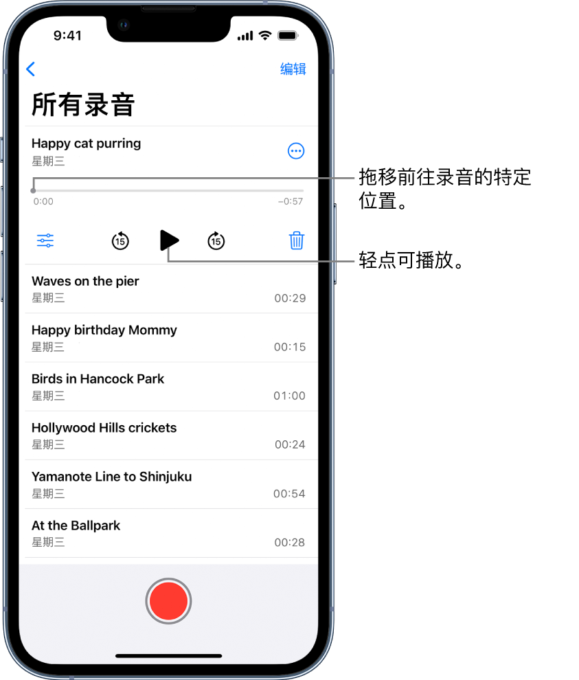 “语音备忘录”列表屏幕的顶部带有一条被选中的录音。录音时间线具有播放头，你可以拖移它来前往录音中的特定位置。时间线的两端分别有开始时间和结束时间。时间线上方是“更多操作”按钮，轻点其中的按钮可拷贝、共享、编辑或复制录音等。时间线下方是可用于设定播放选项的“播放设置”按钮、向后跳 15 秒按钮、播放按钮、向前跳 15 秒按钮以及删除按钮。这些控制的下方是轻点可打开的录音列表。