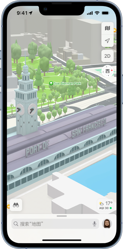 显示建筑、街道、水域、树木和公园的三维街道地图。