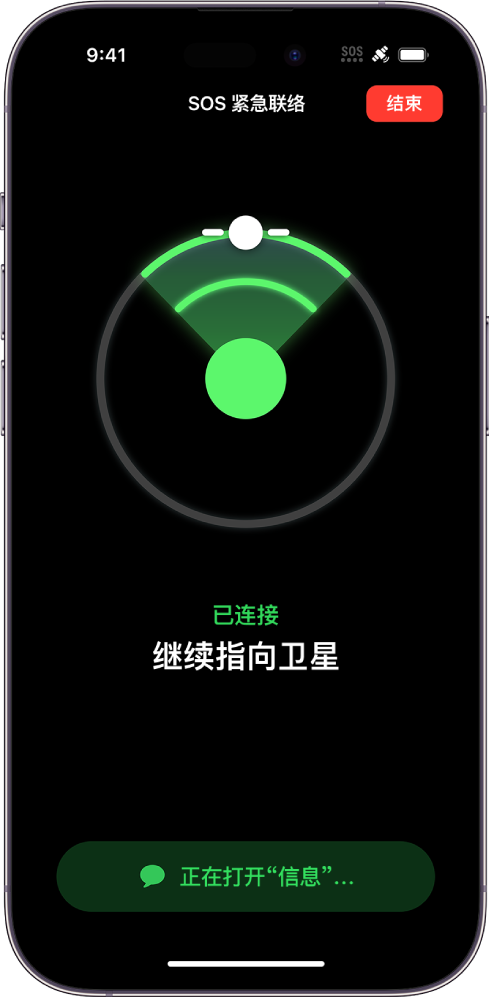 “SOS 紧急联络”屏幕，显示引导用户将 iPhone 指向卫星的可视信息。下方是通知：正在打开“信息”。