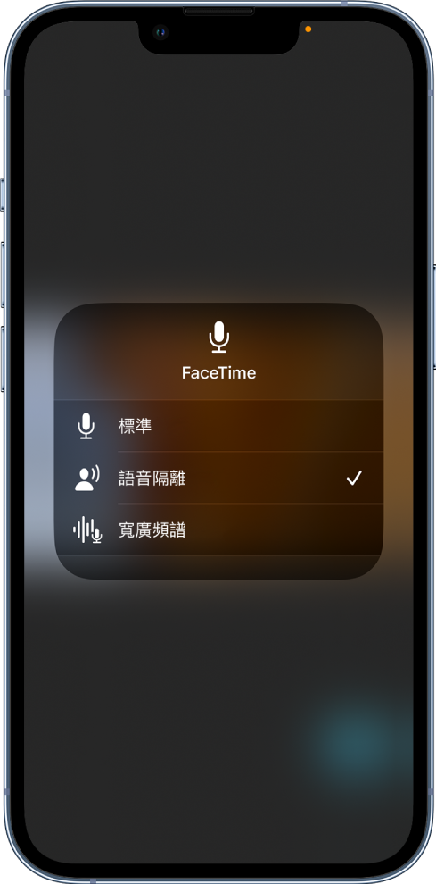 FaceTime 通話的「控制中心」其「麥克風模式」設定，顯示音訊設定「標準」、「語音隔離」和「寬廣頻譜」。