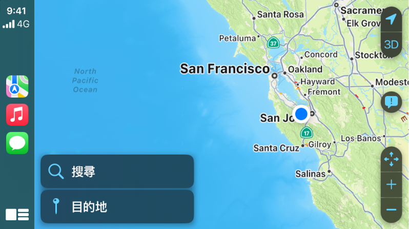 CarPlay 左側顯示「地圖」、「音樂」和「訊息」圖像，右側顯示目前區域的地圖。